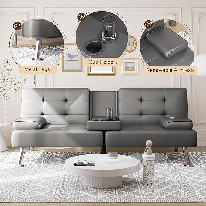 Shahoo Convertible Folding Futon Sofa Bed Sleeper Couch for Living Room Faux Leather Upholstered Loveseat w/Removable Armrests Metal Legs 2 Cup Holders Gray