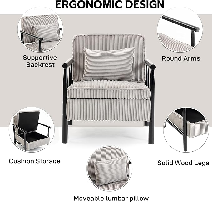 Accent Chair Comfy Modern Mid-Century Accent Chairs with Storage Corduroy Upholstered Lounge Armchair with Solid Wood Reading Side Single Sofa for Living Room/Office/Balcony/Bedroom-Gray