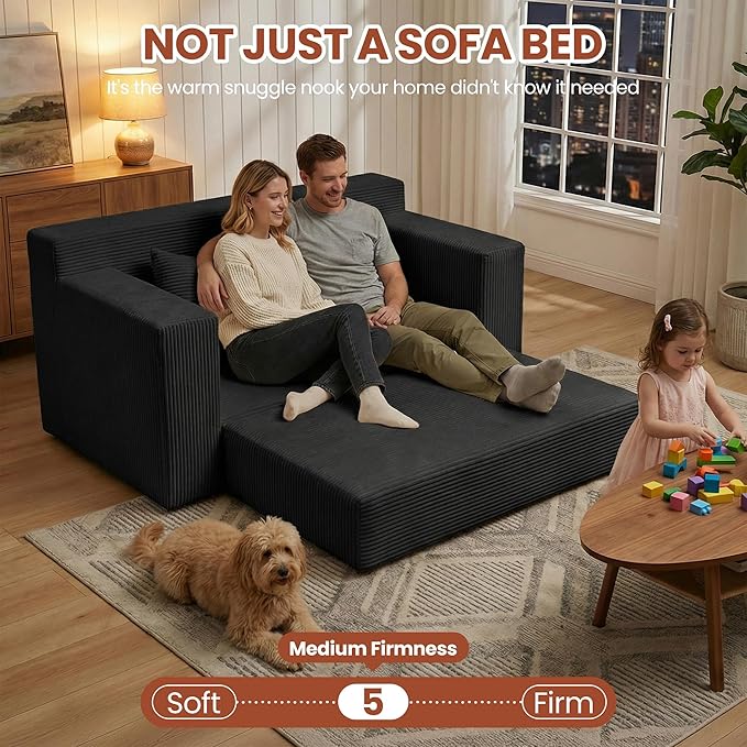 5 in 1 Convertible Sofa BedSmall Boneless Couch Pull Out Loveseat Sleeper SofaCorduroy Futon Couch Folding Mattress with 4 Pillows for Living Room Bedroom Lounge (No Assembly)