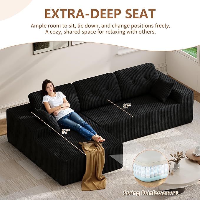 Ball &amp Cast 106 Modular Sectional Sofa Cloud Corduroy Couch with Deep Seat Boneless L-Shaped Sectional Upholstered Modular Sofa for Living Room No Assembly Required (Black Left Facing Chaise