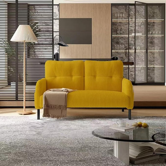 Small Couch Mid Century Modern Loveseat for Small Spaces 2 Seat Corduroy Couches with Side Pockets for Bedroom Living Room Office (Yellow)