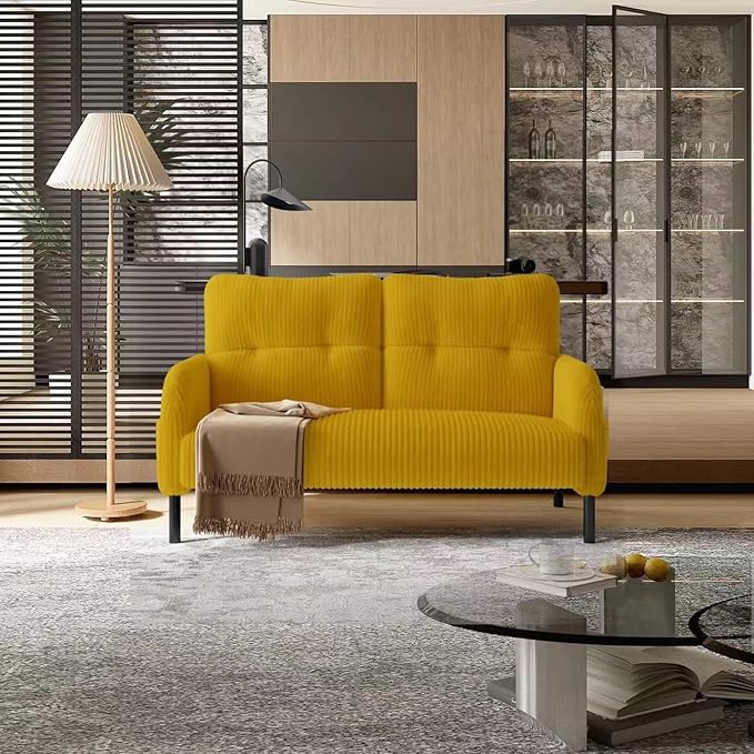 Loveseat Sofa 47” Small Sofa Couch for Living Room Comfy Corduroy Fabric Love Seat for Bedroom with Throw PillowRemovable Cushion CoverCouches for Small SpaceApartmentDorm (Yellow) | suitable fo