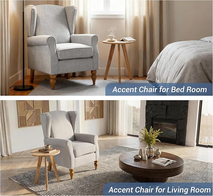 Modern Wingback Living Room Chair Upholstered Accent Armchair Single Sofa Chair with Lounge Seat and Wood Legs for Office/Bedroom/Reading Spaces Beige