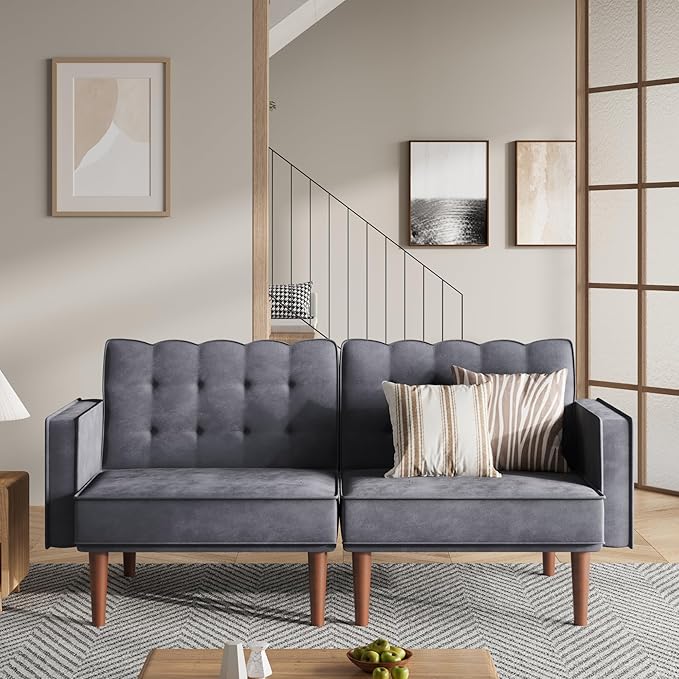 71 Velvet Futon Sofa Bed Versatile Loveseat Couch Sleeper Sofa with Adjustable Backrest Mid Century Modern Futon Couch for Small Space Living Room Office &amp Apartment Velvet Fabric Grey