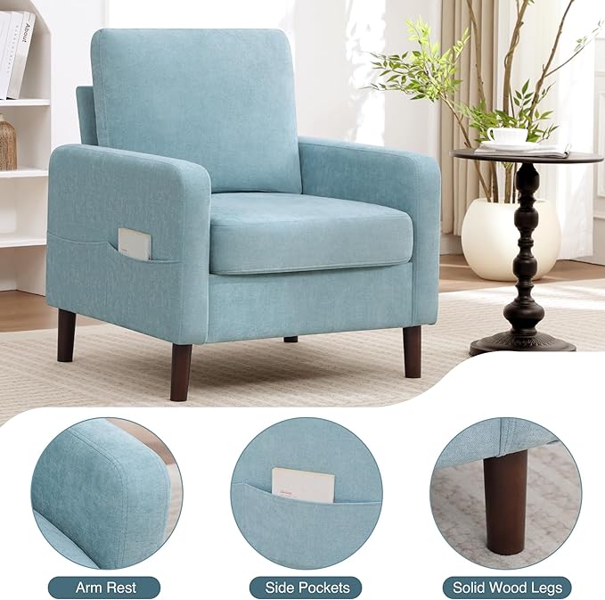 Accent Chair for Living Room Modern Reading Chair for Bedroom Upholstered Armchair with Wood Legs and Side Pockets Single Sofa Side Chair for Office Small Room Apartment Teal Green