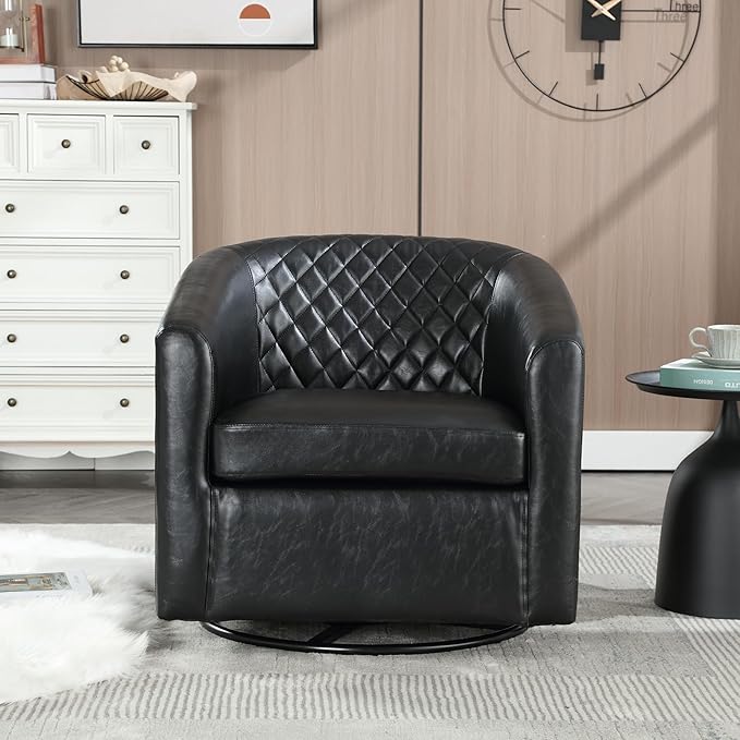 Swivel Gilder Modern Round Armchair 360 Swivel Leather Barrel Club Chair for Living Room Bedroom Office (Black)