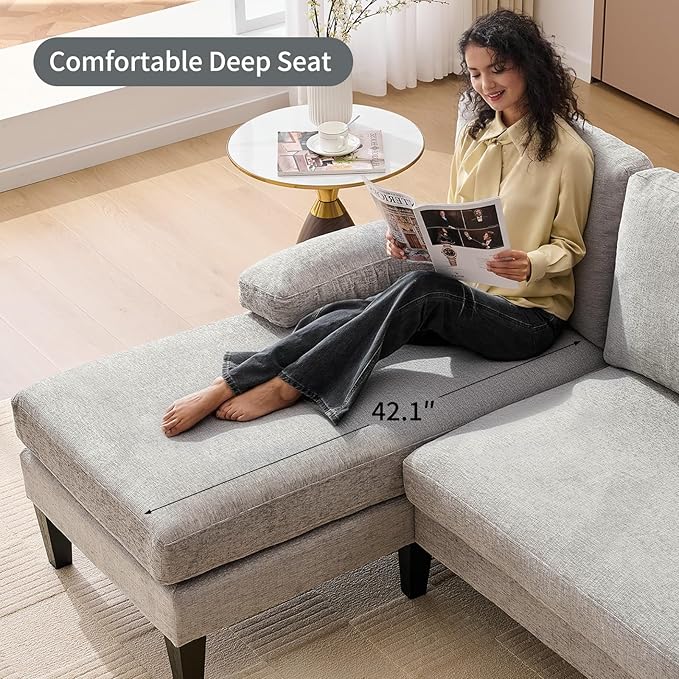 98 U Shaped Couch with 18 Seat Height Sectional Couches for Living Room 4 Seater Couch Set with Double Chaise for Apartment Living Room Sofas Chenille Light Gray