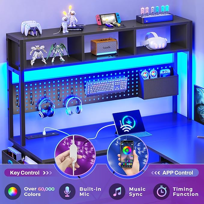 SEDETA L Shaped Gaming Desk with Hutch 57.5” Reversible Corner Computer Desk with Storage Shelves Gaming Desk with Pegboard LED Lights Power Outlet Keyboard Tray and Storage Bag Black