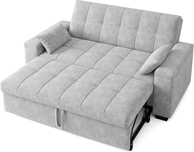 Gizoon Convertible Sofa Bed Futon Queen Size Sleeper Loveseat with Pull Out Couch 3 in 1 Plush Fleece Fabric Futon Couch with Side Pockets Storage Armrest &amp Adjustable Backrest for Living Room