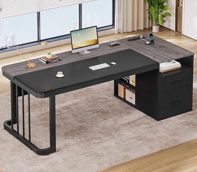 70.9 Executive Desk with Power Outlet Large Office Desk with Drawers &amp Lateral File Cabinet Modern Long Computer Desk with Adjustable Storage Shelves Workstation Business Furniture (Grey)