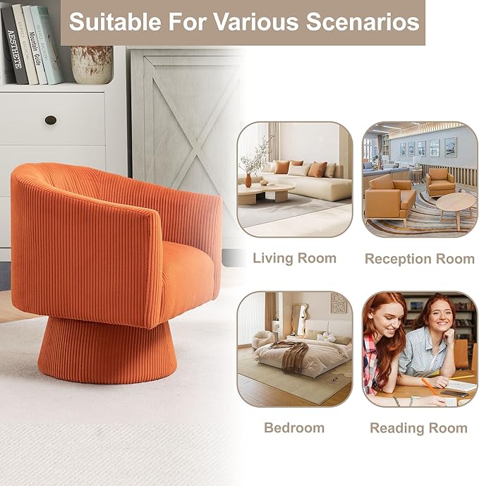 Swivel Accent ChairModern 360° Swivel Barrel Chair Corduroy Upholstered Single Sofa for Living Room Bedroom(Orange)