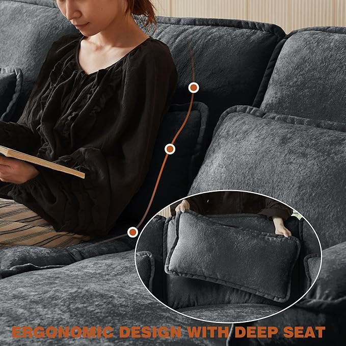 113 Oversized Cloud Couch U Shape Sectional 4 Seat Sofa with Double Chaises 2 Layer Cusions Deep Seat Comfy Sofa Upholstery Chenille Fabric for Living Room Dark Grey