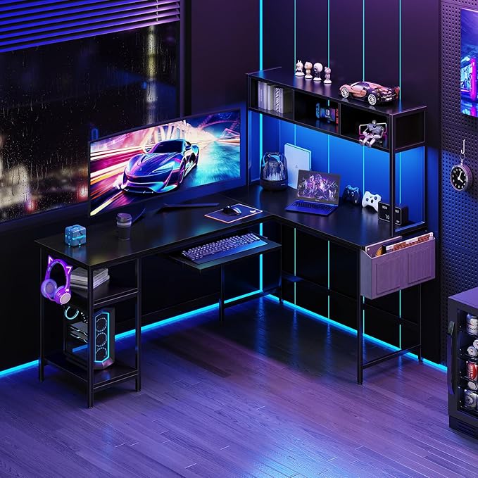 DUMOS L Shaped Gaming Desk 67” Reversible Computer Desks with Led Lights Corner Table with Keyboard Tray Side Bag Storage Shelf Metal Frame Wood Writing for Home Office Bedroom Black