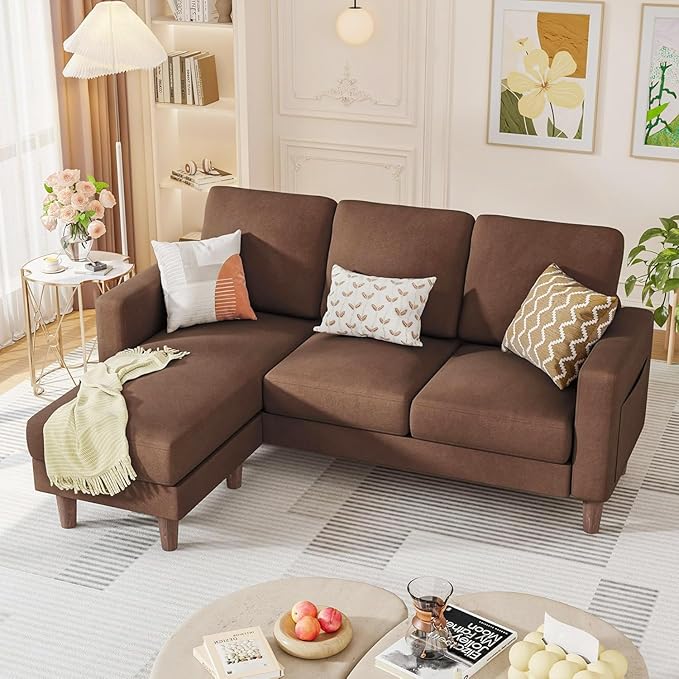 Homall Convertible Sectional Sofa 3 Seat L Shaped Couch with Side Storage Pocket Sofas with Movable Ottoman Small Linen Couches for Living Room &amp Apartment (Linen Fabric Brown)