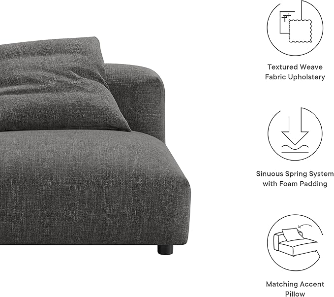 Modway Solace Modular Sofa Armless Chair in Charcoal - Oversized Lounge Chair with Fabric Upholstery - Comfy Single Sectional Sofa Chair - Modern Accent Lounge Chair for Living Room