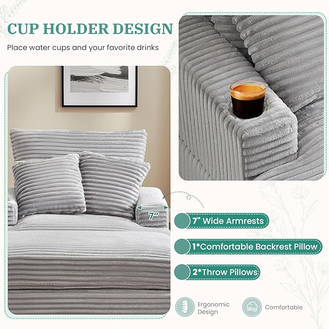 Chaise Lounge Chair Indoor 39 W Plush Corduroy Oversized Chair with Ottoman Upholstered Cozy Chaise with Cup Holder Modern Deep Seat Comfy Sofa Armchair for Living Room Bedroom(Grey)