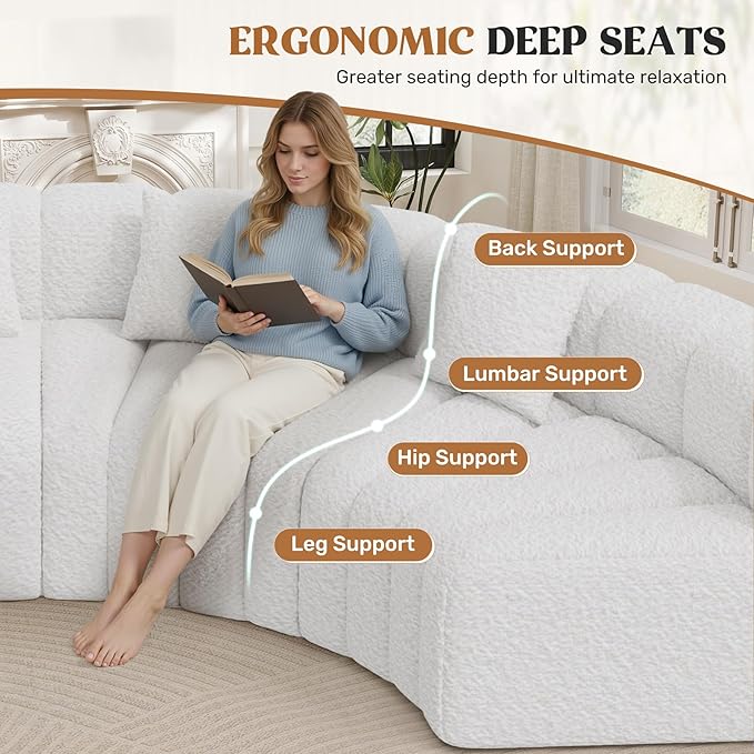 2PCS 1/8 Round Modular Sectional Sofa 2 Seater Modern Curved Cloud Couch Modules Convertible Boneless Couches for Living Room No Assembly Required White