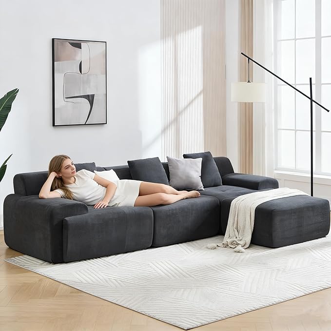 L-Shaped Boneless Modular Sectional Sofa 122 Modern Corduroy Upholstery Couches for Living Room Oversized 3-Seater Cloud Couch with Deep Seat and Movable Ottoman No Assembly Dark Grey