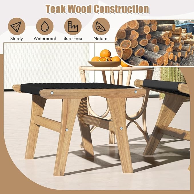 Tangkula Mid Century Modern Accent Chair with Ottoman Farmhouse Handwoven Cordage Living Room Chair with Teak Wooden Frame for Indoor Outdoor Lazy Lounge Chair for Home Bedroom Office