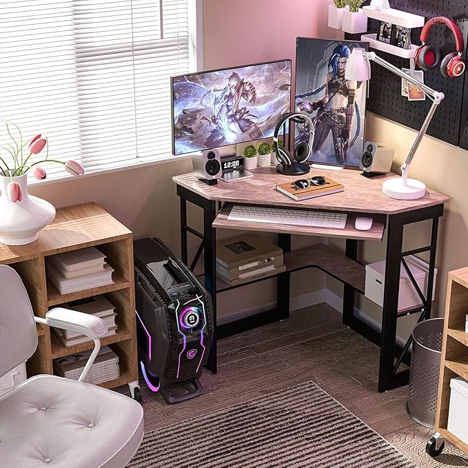 VECELO Corner Desk Computer Desk Writing Table with Smooth Keyboard Tray&ampStorage Shelves for Small Spaces/Compact Home Office Triangle TableBrown
