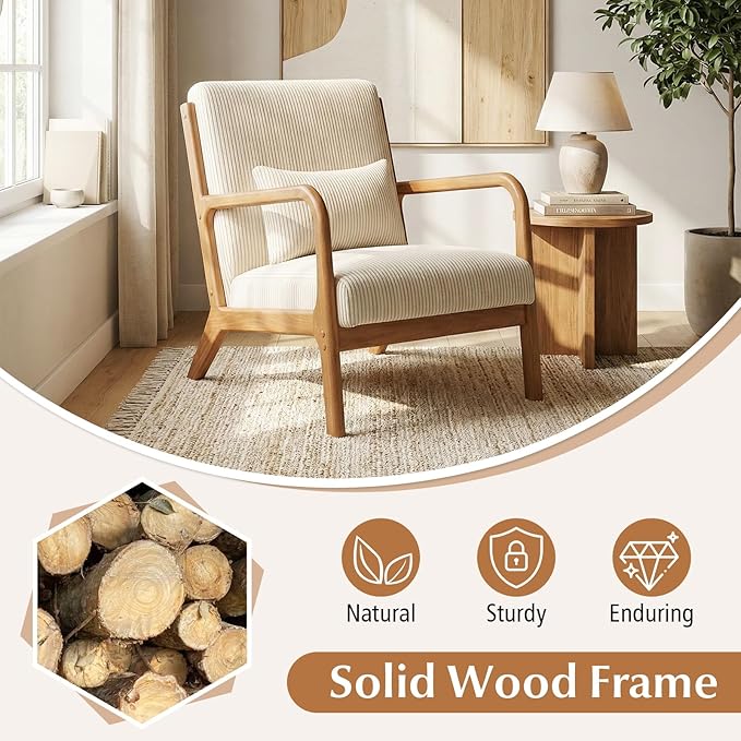 Giantex Modern Accent Chair Corduroy Upholstered Lounge Chair with Rubber Wood Armrests Lumbar Pillow Sponge Padded Seat Cushion Comfy Reading Chair for Living Room Bedroom (1Beige + Brown)
