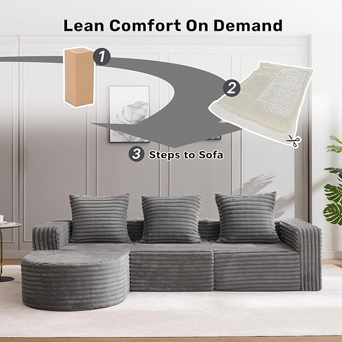 Boneless Cloud Couch Modular Sectional Sofa L-Shape with Chaise 102 Soft Faux Fur Deep Seat &amp 3 Pillows &amp 2 Side Pockets for Living Room Bedroom (Gray Left Chaise)