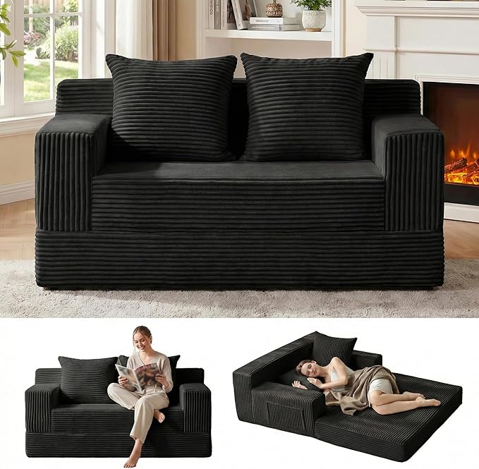 Loveseat Boneless Convertible Sofa Bed Folding Floor Futon Sleeper Sofa Couch Bed- Boneless Foldable Couch Corduroy Pull Out Sofa Bed with 2 Pillows for Living Room &amp Bedroom