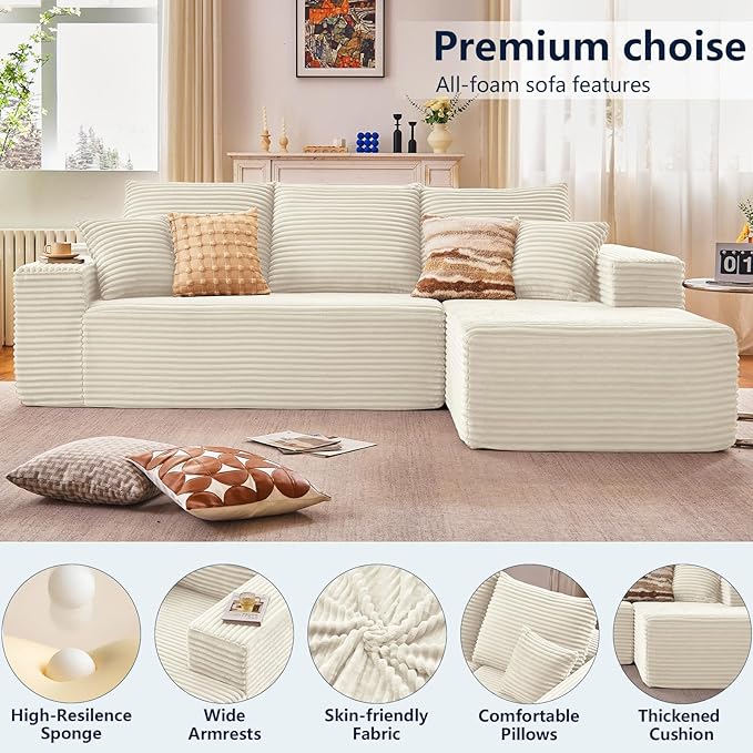 107.5 Modular Sectional Sofa with L-Shape Chaise Upholstered Couches for Living Room with Deep Seat No Assembly Required Corduroy Cloud Couches (Right-Facing Chaise