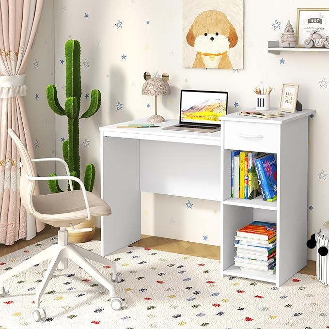 Giantex Computer Desk with Storage Modern PC Laptop Table with Printer Shelf Drawer CPU Stand &amp Cable Hole Compact Study Writing Desk Workstation for Small Spaces Home Office White
