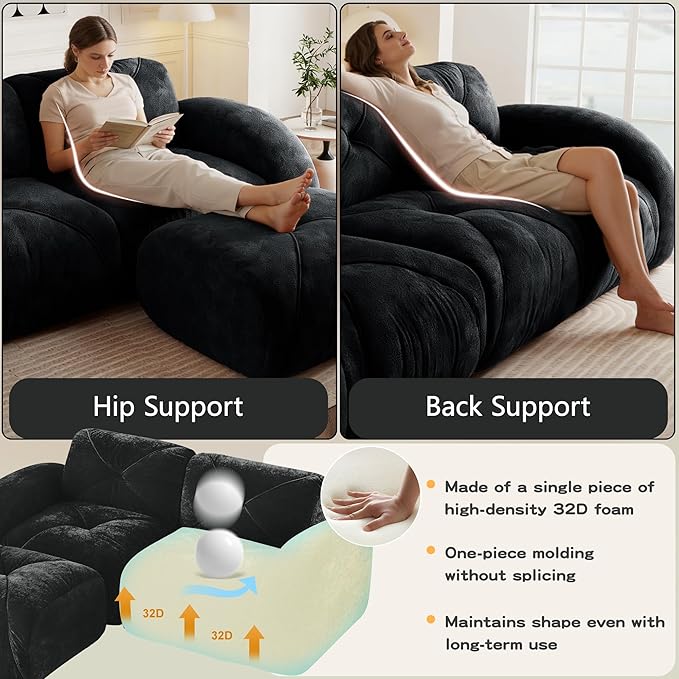 Boneless Couch Modular Sectional Sofa 3 Seater Sectional Couches for Living Room 110.6 L Shaped Cloud Couch with Ottoman Retro Velvet Floor Sofa for Bedroom No Assembly RequiredBlack