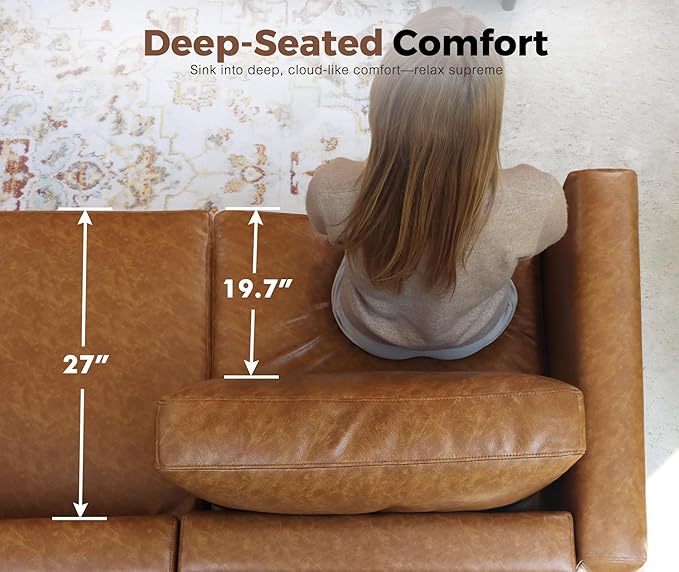 ABCASA 91.5 Faux Leather U Shaped Modular Sectional Sofa 5 Seater Couch with Movable Ottoman Deep Seat and Storage Seat with Removable Cover for Living Room Apartment - Brown