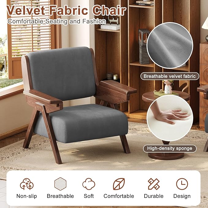 Mid Century Modern Accent Chair Fabric Upholstered Lounge Arm Chair with Solid Wood Frame for Living Room Bedroom Office Reading Corner (Gray Single Chair)