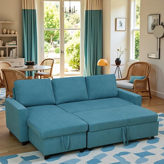Sleeper Sofa Couch 2 in 1 Pull Out Couch Bed with Storage Chaise Small L Shaped Sectional Sleeper Sofas Bed Convertible Pullout Sofa for Living Room Blue