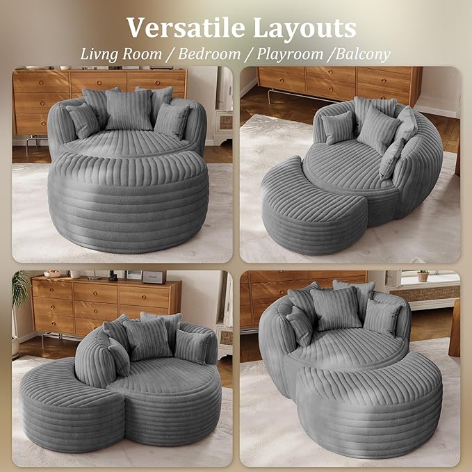 50 Oversized Chaise Lounge Indoor Round Reading Chair Lounge Chair with Ottoman Boneless Sofa Bed Large Fluffy Plush Corduroy Chaise Chair for Living Room Playroom Bedroom Grey