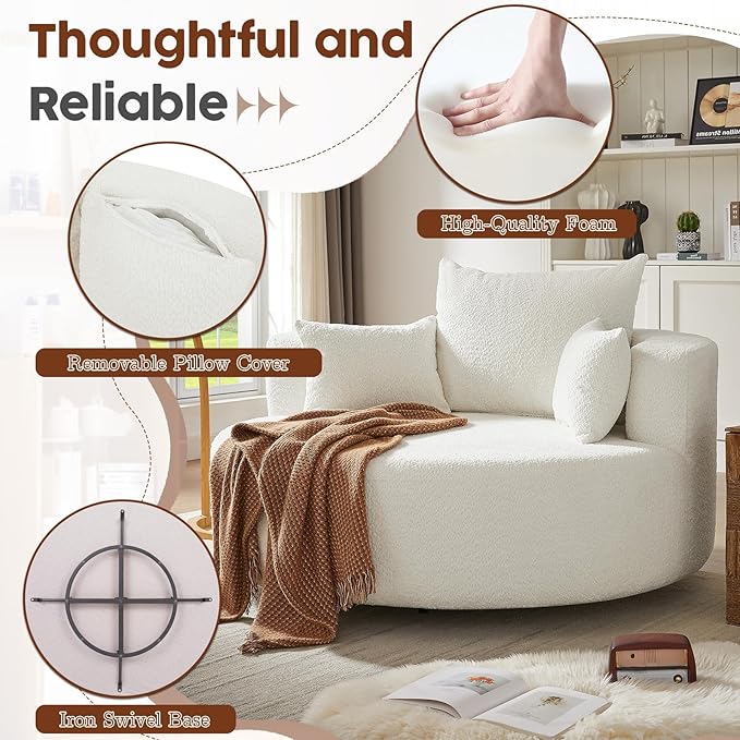 Antetek 360-Degree Swivel Accent Chair Oversized Modern Comfy Chenille Round Swivel Chaise Lounge Sofa Chair with Backrest Cushion &amp 2 Throw Pillows for Living Room Bedroom Office Beige