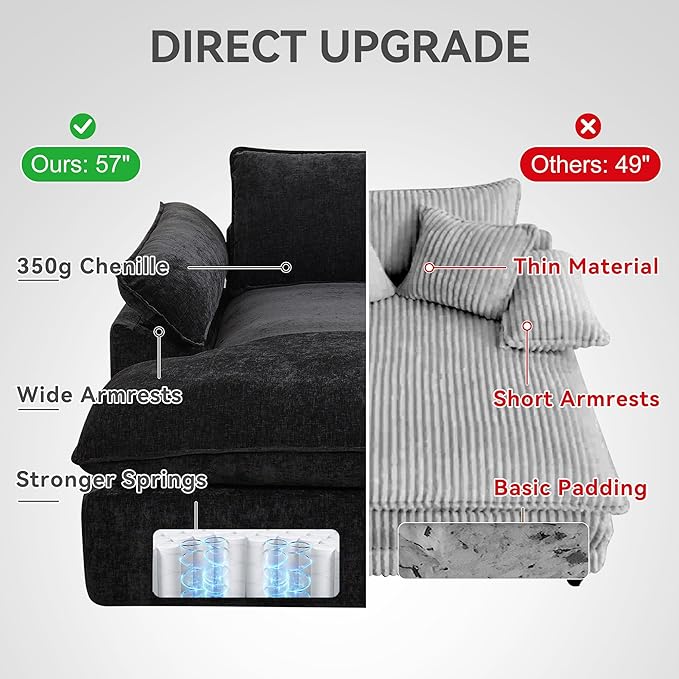 57 Oversized Boneless Chaise Lounge Chair with Ottoman Indoor Comfy Chenille Upholstered Sofa Bed with Armrest No Assembly Deep Seat Sleeper Armchairs Couch for Living Room Bedroom Dark Grey
