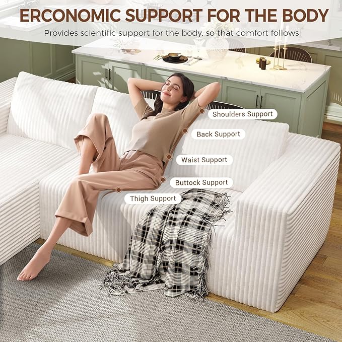 94 Modular Sectional Sofa Boneless Couches for Living Room L-Shape Sofa CouchesCloud Couch Sectional Comfy Corduroy Sofa with Deep Seat No Assembly Required (White 94+Left Facing Chaise)