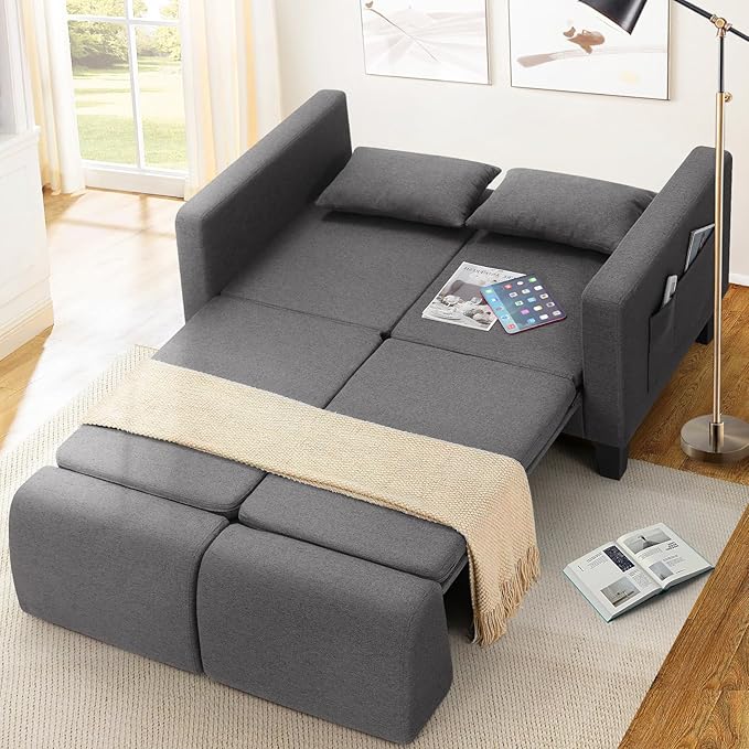 SEJOV 6-in-1 Convertible Sofa Bed 58 Loveseat Sleeper Sofas with Pull Out Couch Bed Removable Backrest Storage Pockets and 2 Pillows Modern Folding Linen Futon Couch for Small Spaces Gray