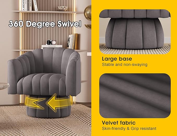 Accent Chair Mid Century 360 Degree Swivel ChairModern Lounge Sofa Round Barrel Chair with Wide UpholsteredFluffy Velvet Fabric Chairs for Home Sofa Living Room/Bedroom/Waiting Room (Grey)