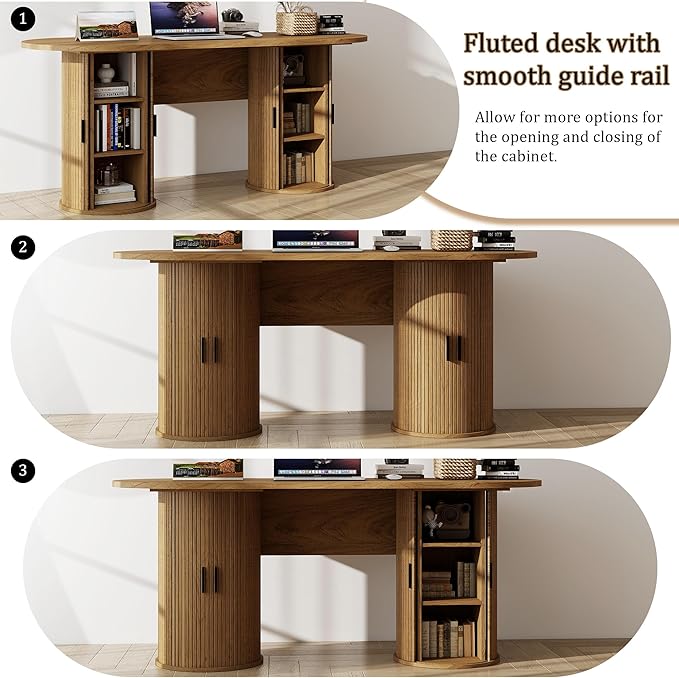 blini Executive Office Desk with Storage Fluted Wood Computer Desks with 2 Sliding Doors Mid Century Modern Oval Writing Table for Home Office Study Room Living Room