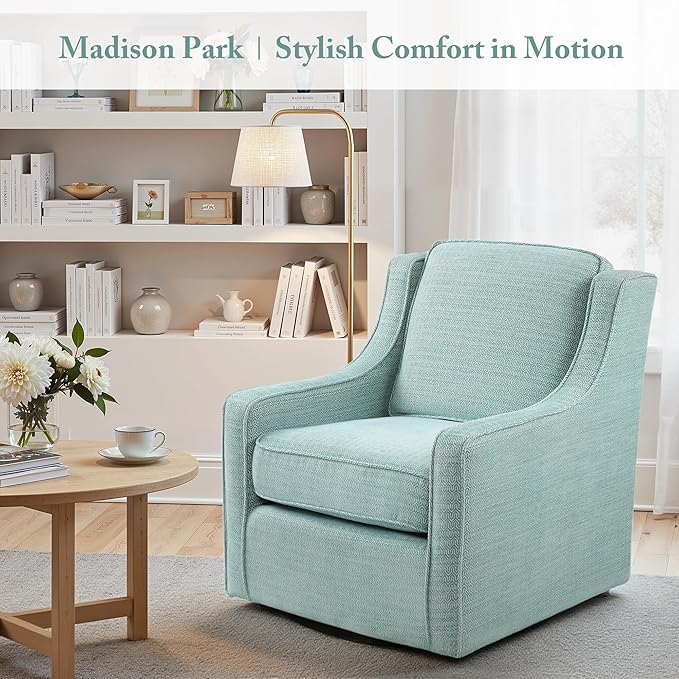 Madison Park Harris Swivel Chair - Solid Wood Plywood Metal Base Accent Armchair Modern Classic Style Family Room Sofa Furniture 28.5 Wide Dusty Aqua