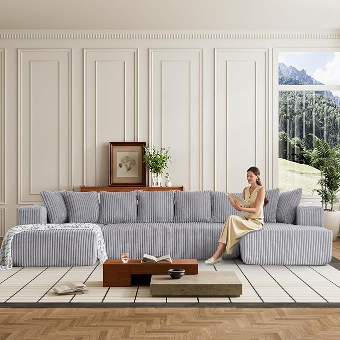 Minimalist Oversized Modular Sofa Couch Deep Seat Sectional Sofa with Two Chaise Comfy Corduroy Shape Cloud Couch for Living Room Apartment - Light Gray