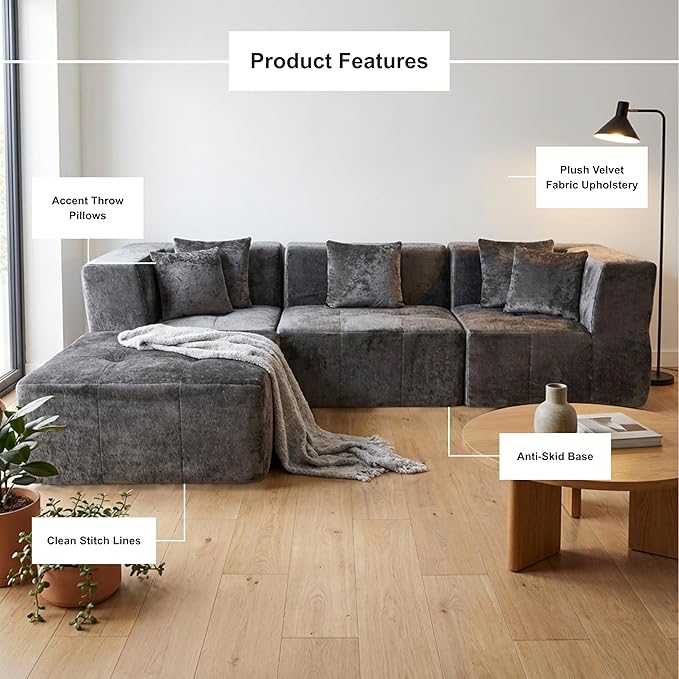· REDEARTH · 4-Seater Modular Velvet Sectional Sofa No-Assembly L-Shaped Compressed Couch in a Box with Ottoman Boneless Modular System in Plush Velvet for Living Room (3-Seater + Ottoman)Dark Gray