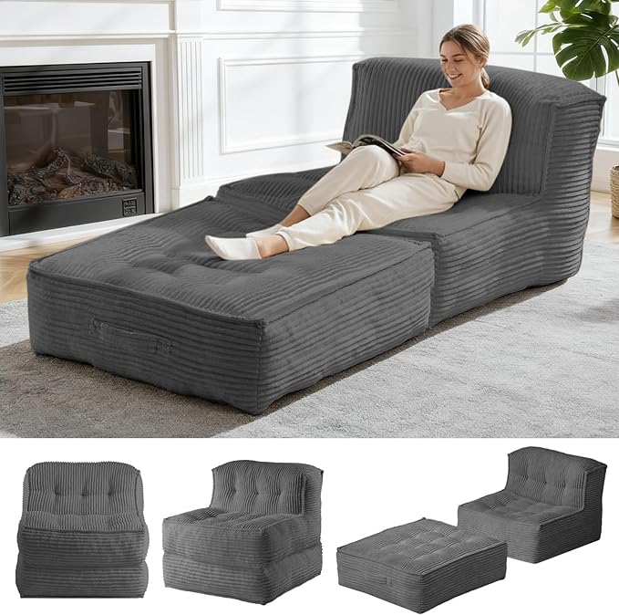 Folding Sofa Bed 5-in-1 Convertible Sleeper Reading Chair Corduroy Futon Sofa Bed Foldable Mattress with Back Support Portable Fold Out Chair Bed Comfy Floor Lounge for Living Room Bedroom