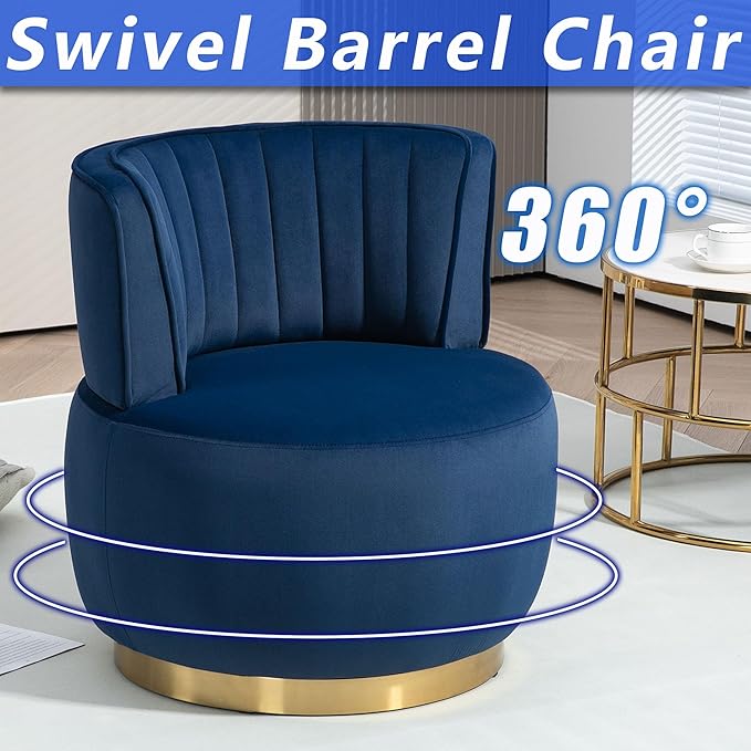 Small Barrel Chair Swivel Barrel Chair with Thicken Backrest Round Accent Chair for Living Room Bedroom Office Comfortable Velvet Fabric Soft High-Density Foam Padding (Navy Blue)