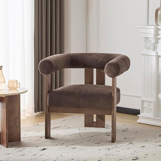 Christopher Knight Home Rones Modern Velvet Upholstered Accent Chair Wooden Living Room Club Chair with Curved Backrest Minimalist Bedroom Comfy Reading Chair Thick Padded Seat Dark Brown+Walnut