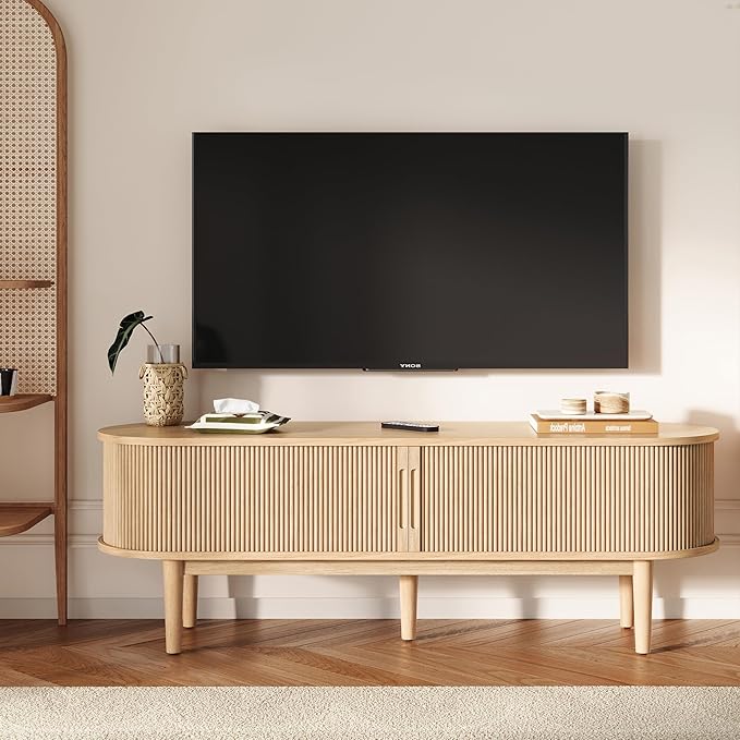 LINSY HOME 58 Fluted TV Stand for TVs up to 65 Inch Mid Century Modern Entertainment Center with Storage Cabinet and Sliding Doors Farmhouse Wood Media TV Console for Living Room Bedroom Oak