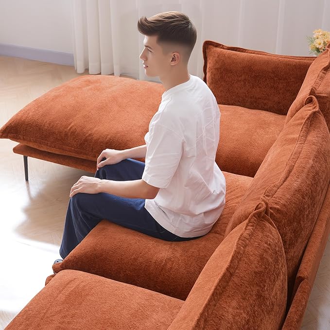 WJShome Sectional Couches for Living Room Velvet 147 Modern 4 Seater Sofa with Removable Cushions Comfort Deep Seat ForApartment 8 High Metal Legs Easy to Clean Terracotta