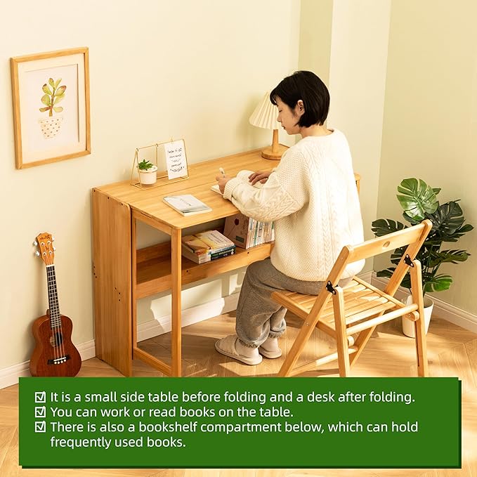 Bamboo Foldable Desk Small Folding Computer Desk with Hidden Storage Space Saving Study Table Fold Out Tables for Small Spaces Home Office Apartment (Natural)