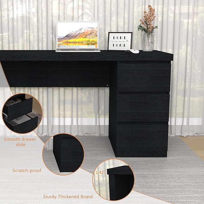 Desk with Drawers Black Computer Desk Table with 3 Drawer Large Space Writing Desk with Drawers for Home Office Modern Simple Design 53.3 Inch